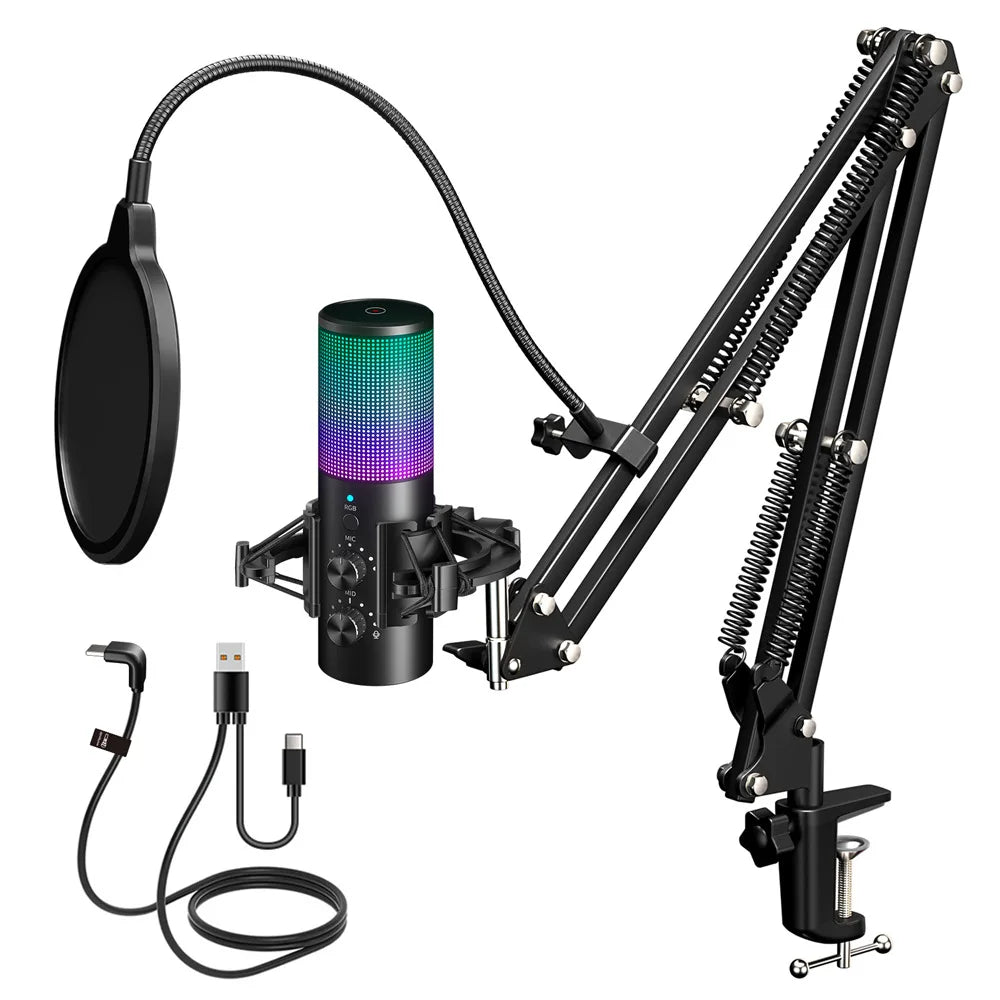 „ideaway RGB USB Mikrofon – Noise Cancelling, Gain Control, Boom Arm“