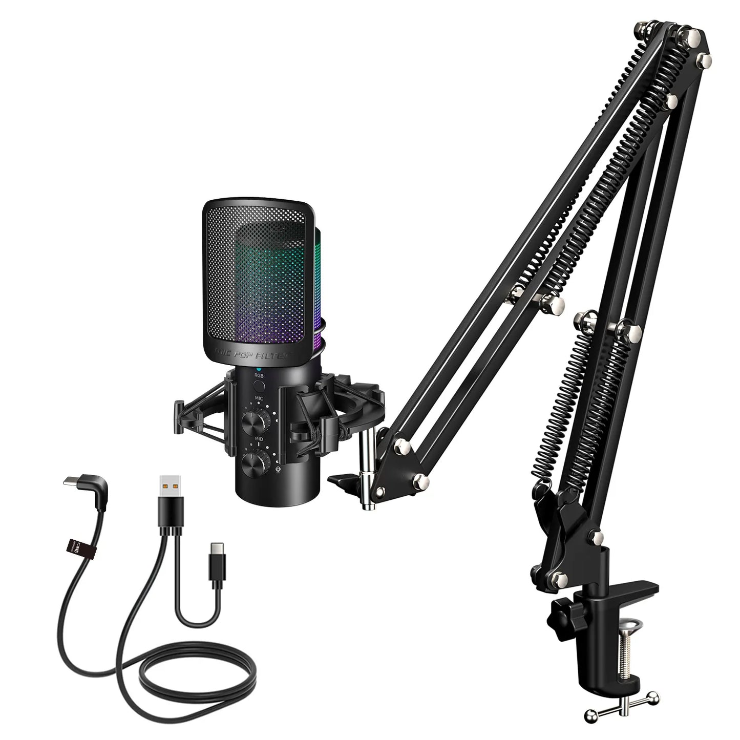 „ideaway RGB USB Mikrofon – Noise Cancelling, Gain Control, Boom Arm“