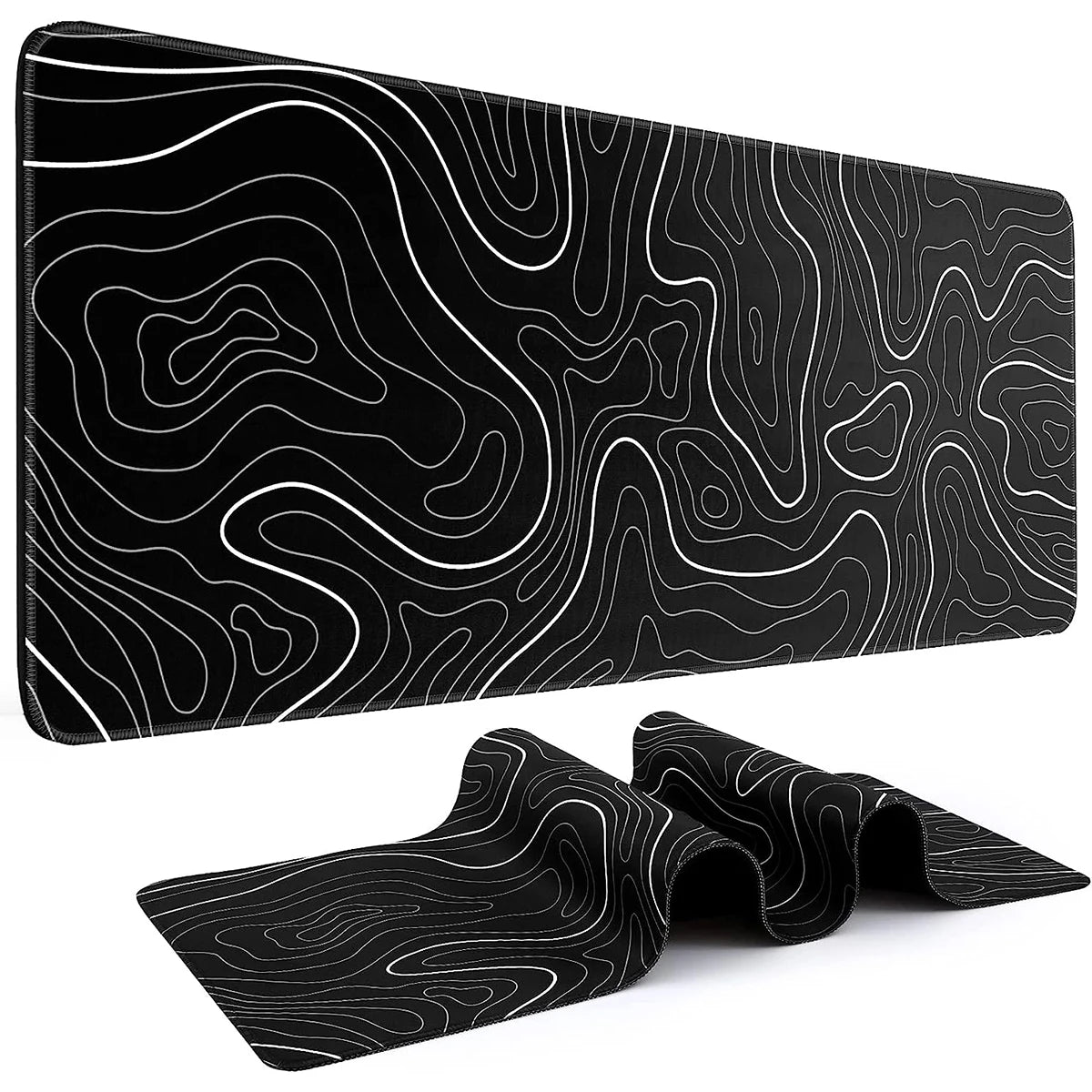 „Gaming Mousepad XXL – Schwarz-Weiß Topographic Design, rutschfest, 31.5 x 11.8 Zoll“