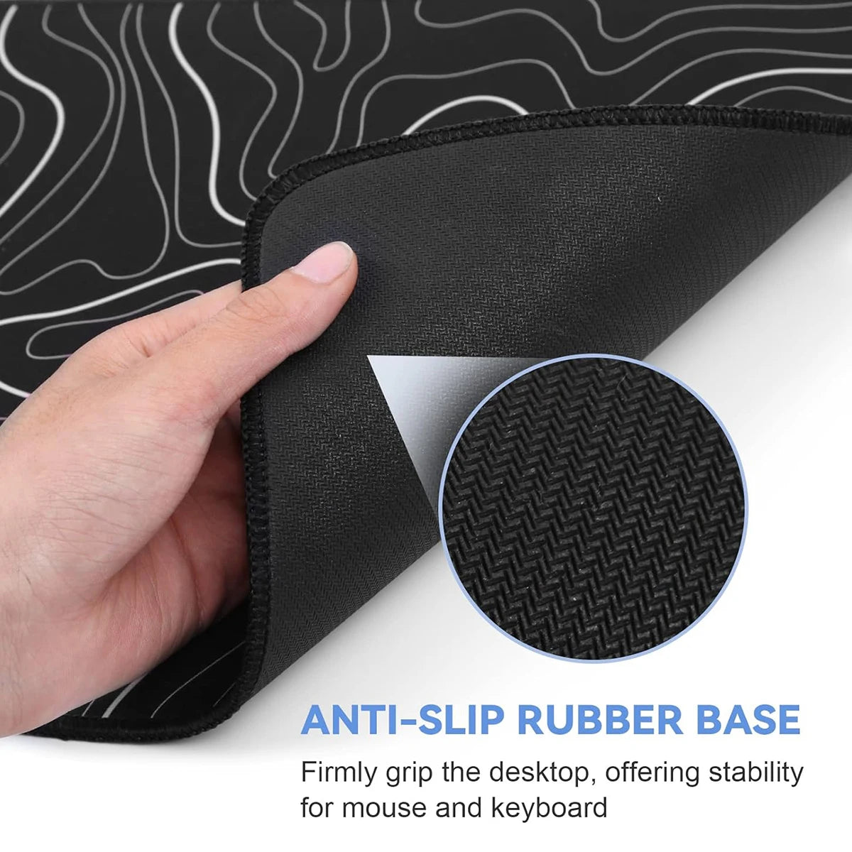 „Gaming Mousepad XXL – Schwarz-Weiß Topographic Design, rutschfest, 31.5 x 11.8 Zoll“