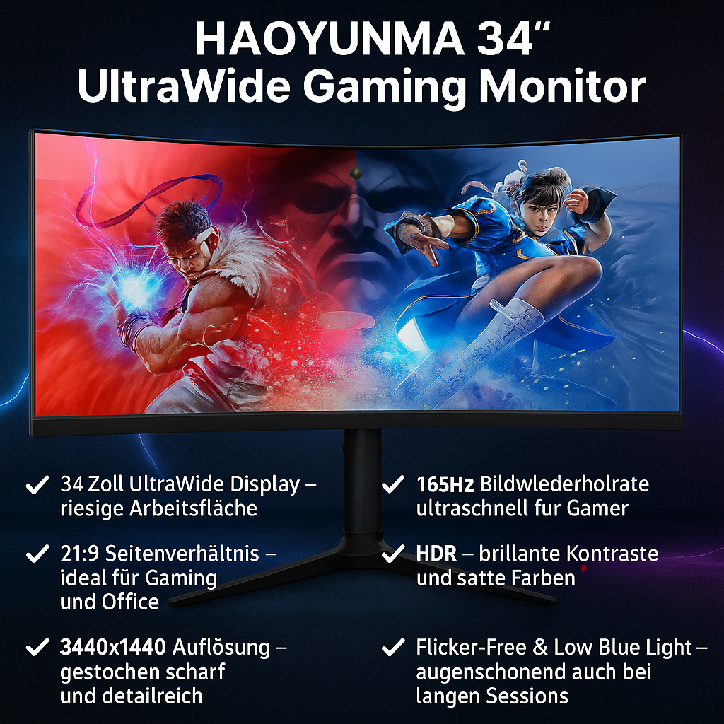„HAOYUNMA 34“ UltraWide Gaming Monitor – 3440x1440, 165Hz, 1ms, HDR, VA Panel“