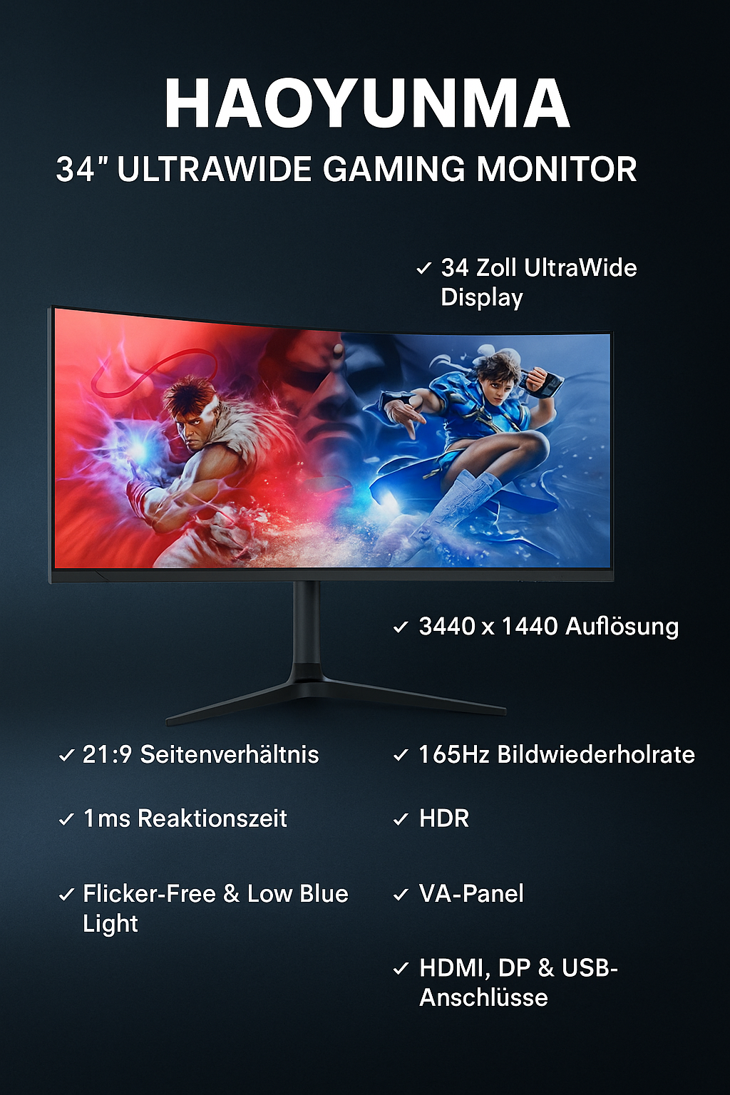 „HAOYUNMA 34“ UltraWide Gaming Monitor – 3440x1440, 165Hz, 1ms, HDR, VA Panel“