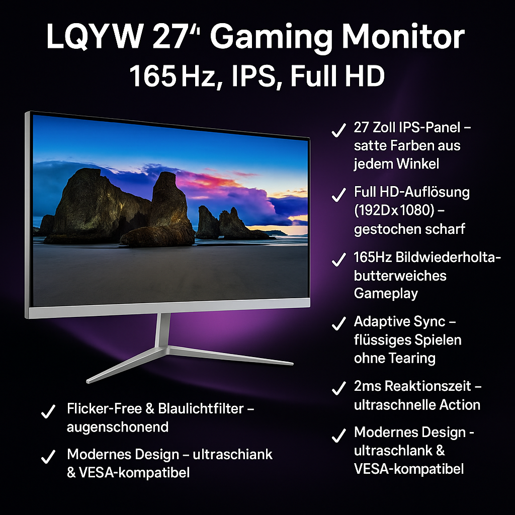 „LQYW 27 Zoll Gaming Monitor – Full HD, 165Hz, IPS, Adaptive Sync“