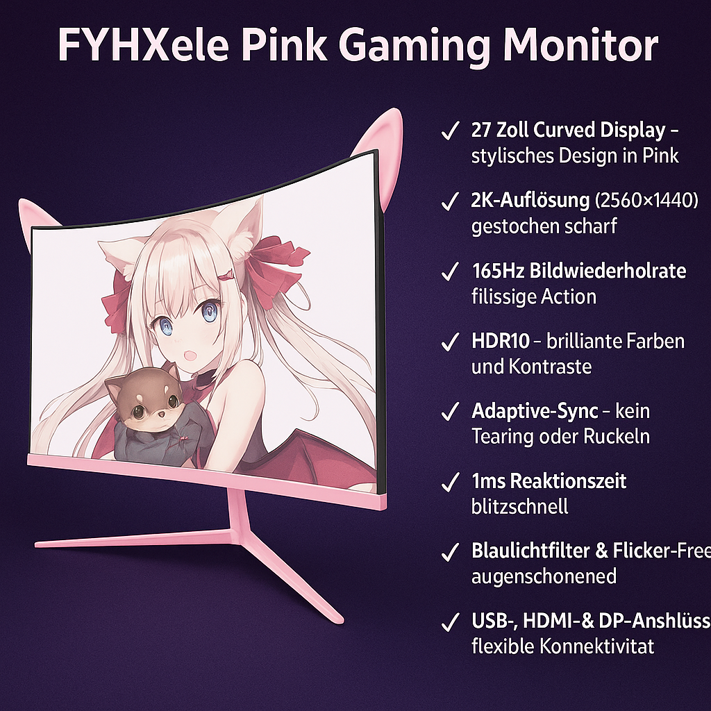 „FYHXele Pink Gaming Monitor – 27 Zoll, 2K, 165Hz, Curved, HDR10“