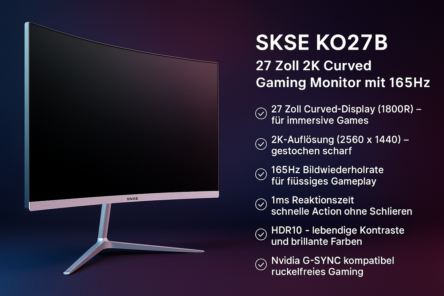 „SKSE KO27B Curved Gaming Monitor – 27 Zoll, 2K, 165Hz, HDR10“