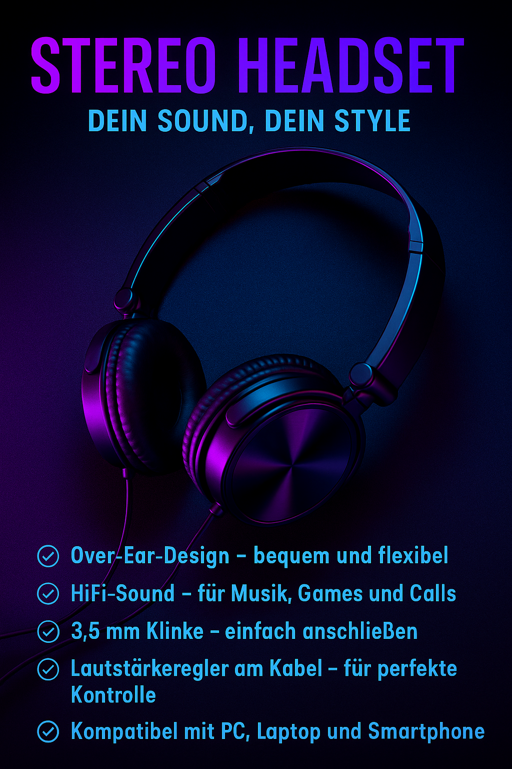 „Stereo Headset – Over-Ear, HiFi Sound, 3,5 mm Klinke“