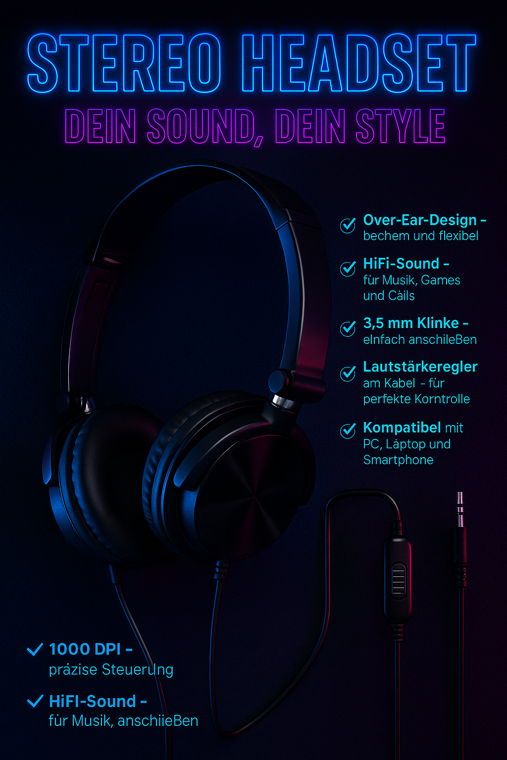 „Stereo Headset – Over-Ear, HiFi Sound, 3,5 mm Klinke“