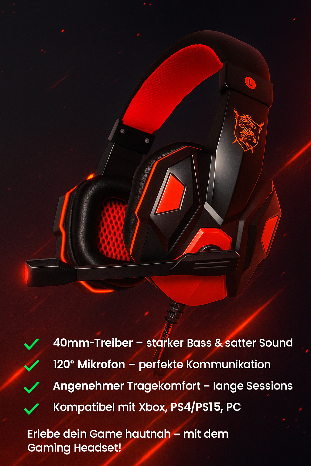 „Gaming Headset Pro – PS4/PS5/Xbox/PC, 120° verstellbar, Noise Cancelling“