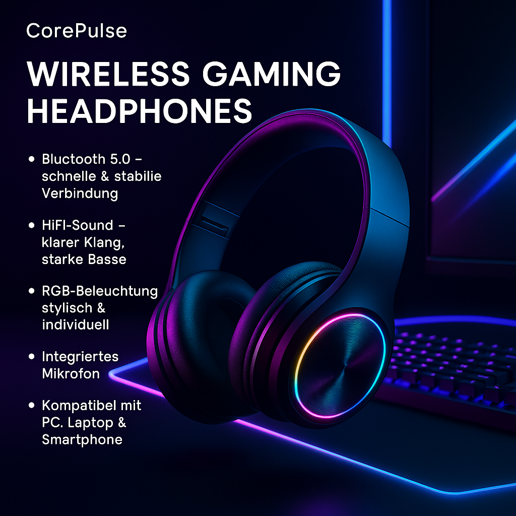 „Wireless Gaming Headset – Bluetooth, Surround Sound, RGB“