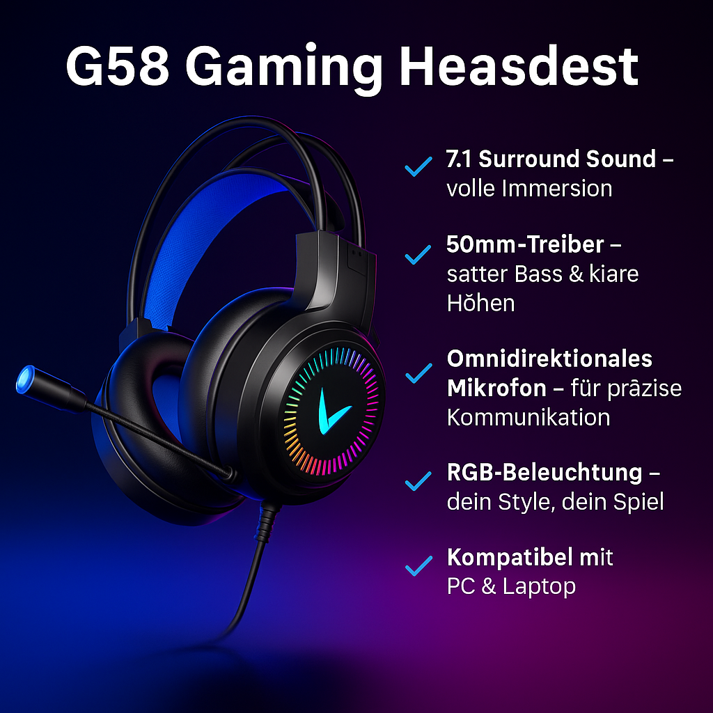 „G58 Gaming Headset – 7.1 Surround Sound, LED-Licht“