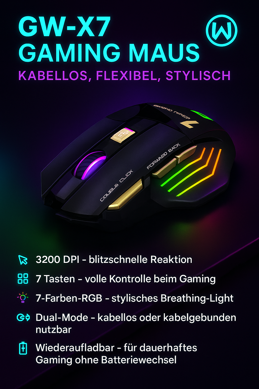 „GW-X7 Gaming Maus – 7 Tasten, 3200 DPI, 7 Farben“