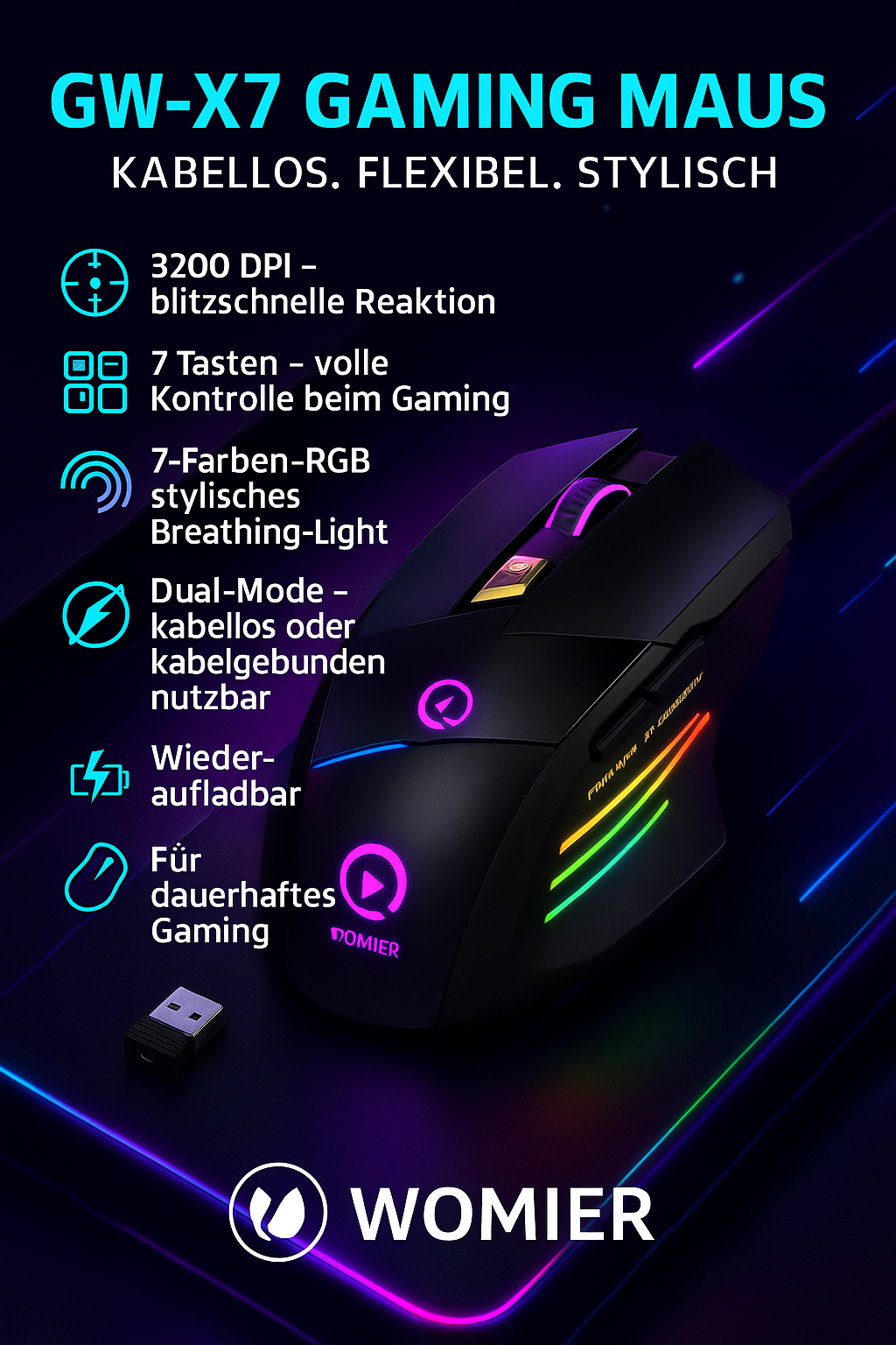 „GW-X7 Gaming Maus – 7 Tasten, 3200 DPI, 7 Farben“