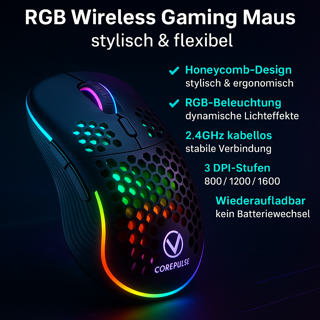 „RGB Wireless Gaming Maus – Honeycomb-Design, 1600 DPI“