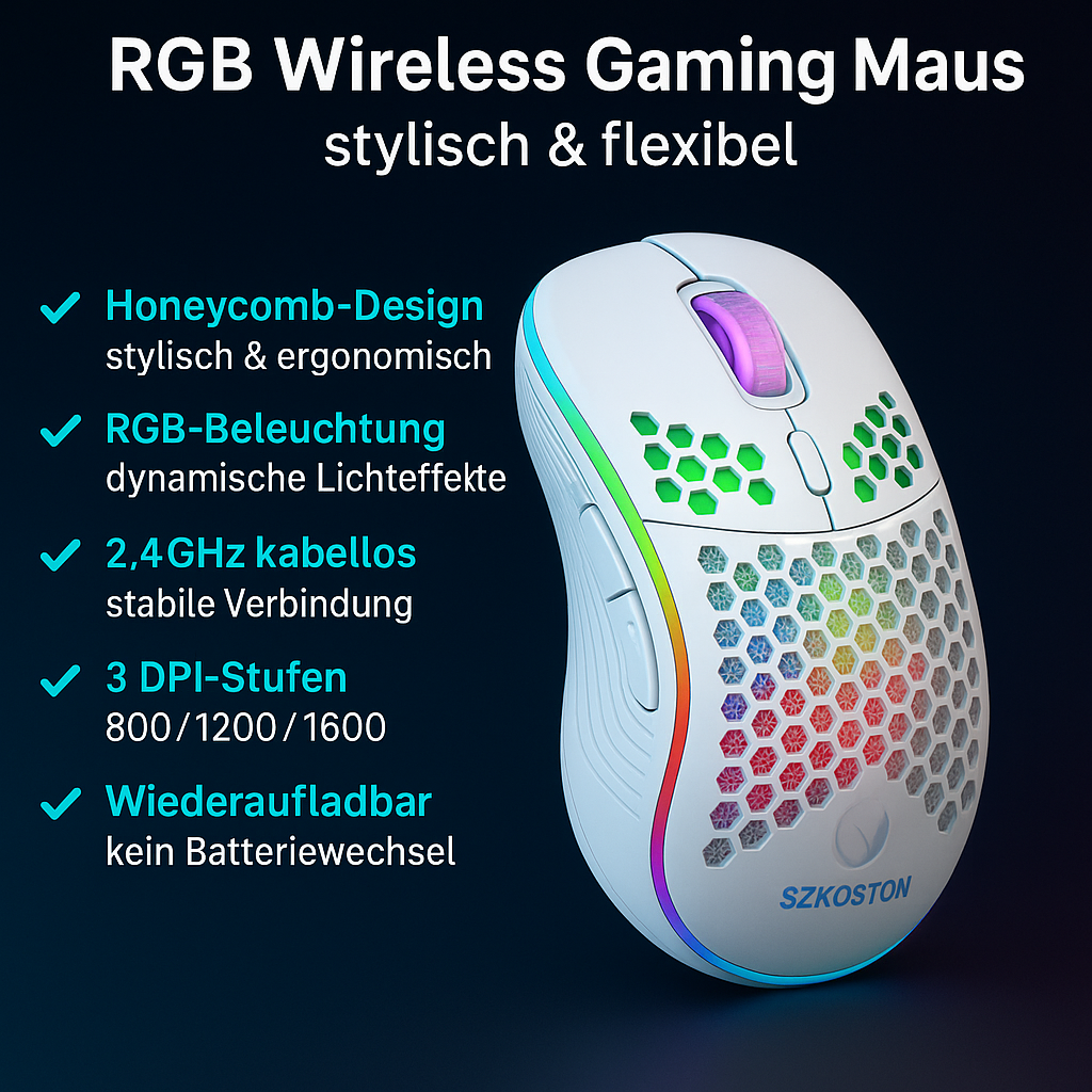 „RGB Wireless Gaming Maus – Honeycomb-Design, 1600 DPI“