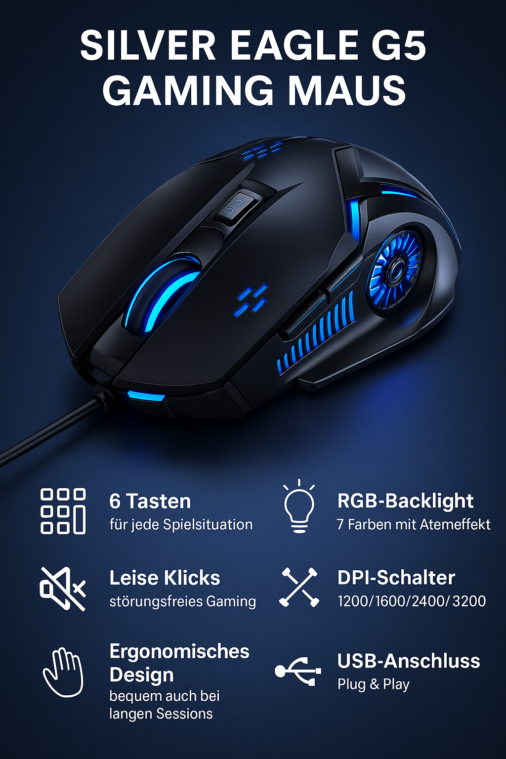 „Silver Eagle G5 – leise Gaming Maus mit 6 Tasten, RGB“