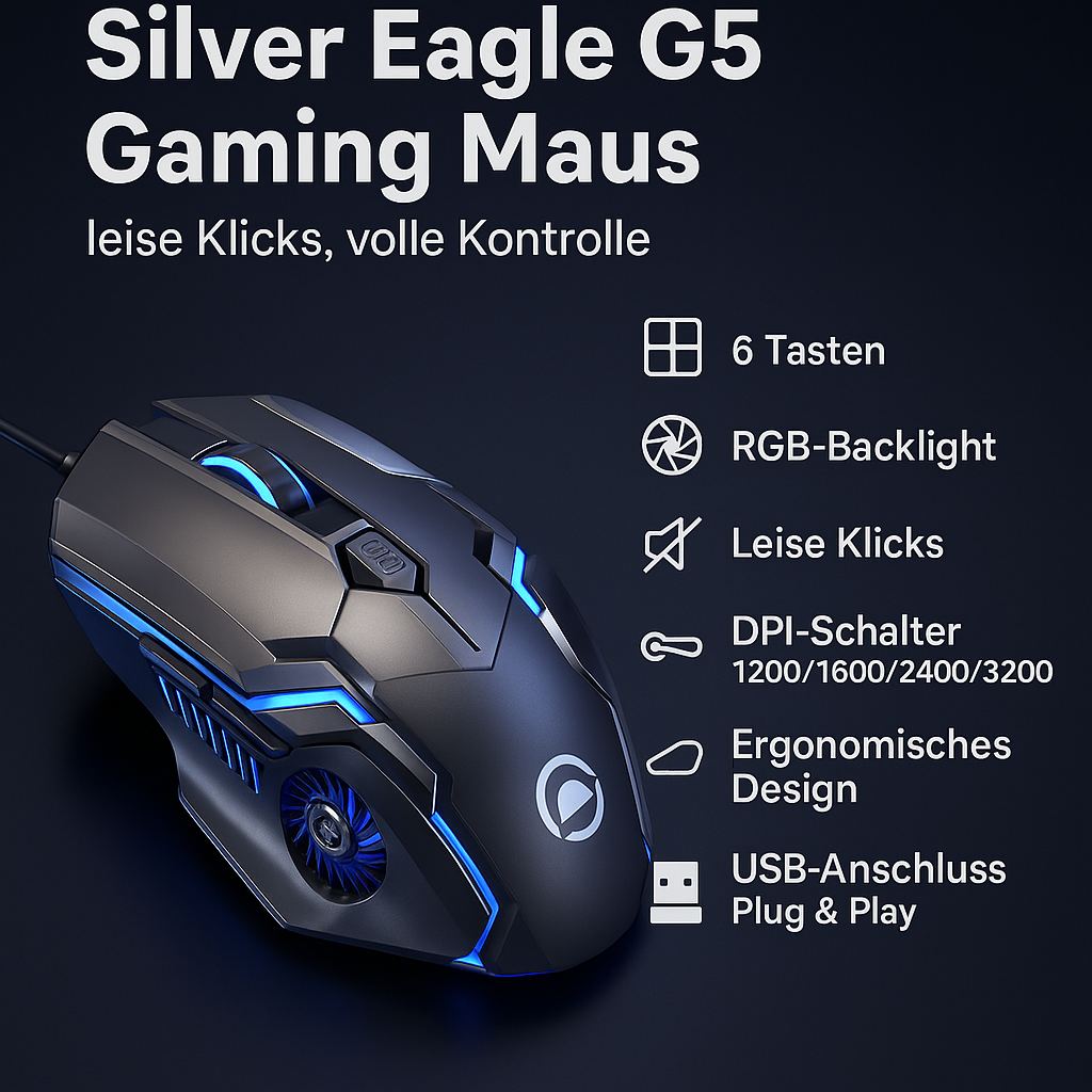 „Silver Eagle G5 – leise Gaming Maus mit 6 Tasten, RGB“