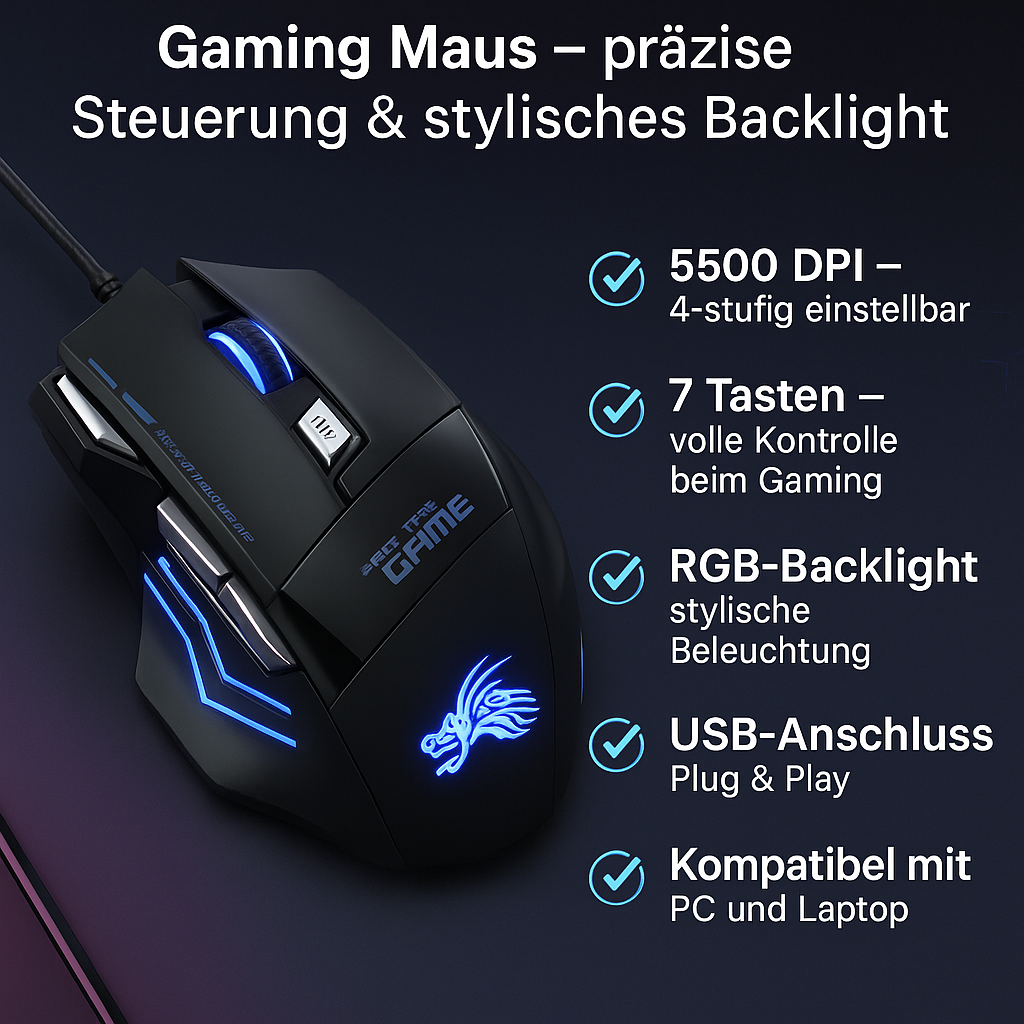 „Shunmaii Gaming Maus – 5500 DPI, 7 Buttons, USB“