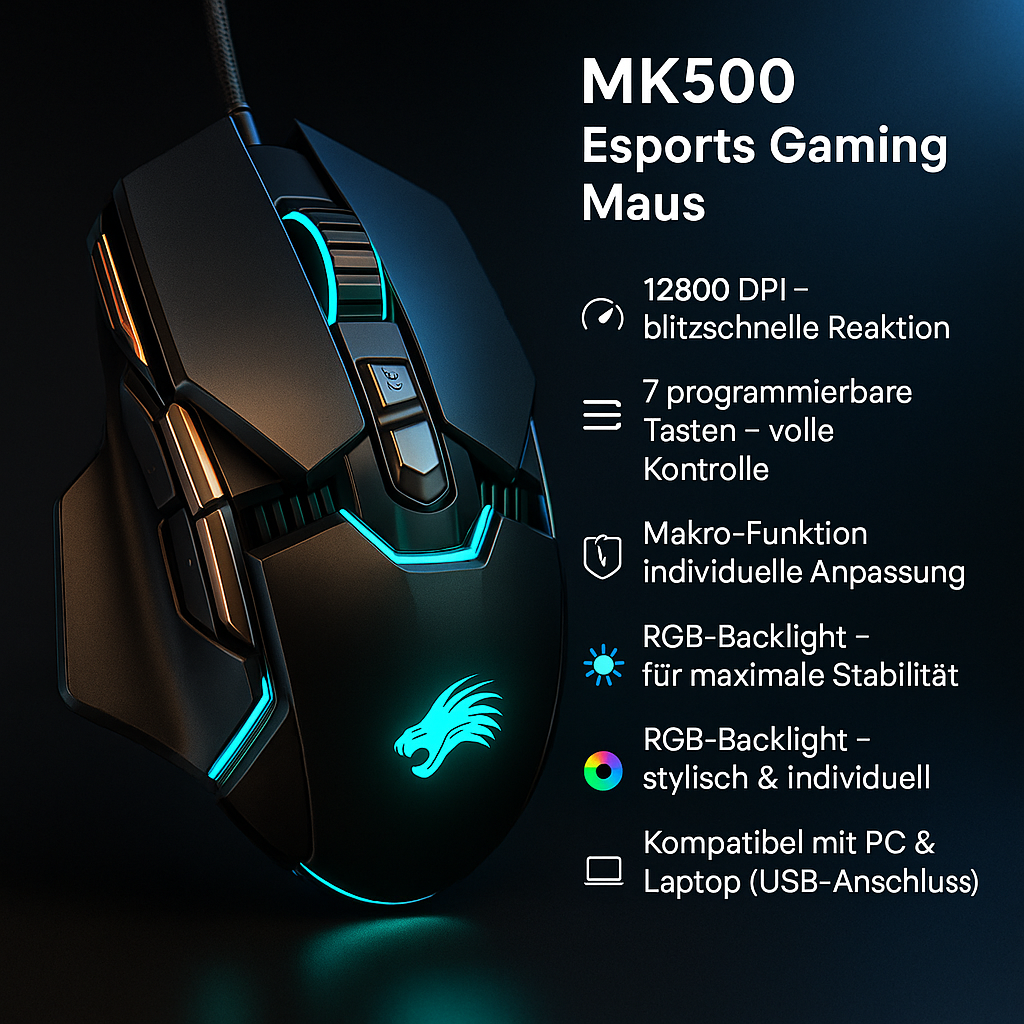 „MK500 Esports Gaming Mouse – 12800 DPI, Makros, Metallgewicht“
