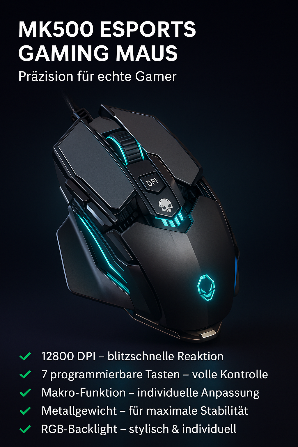 „MK500 Esports Gaming Mouse – 12800 DPI, Makros, Metallgewicht“