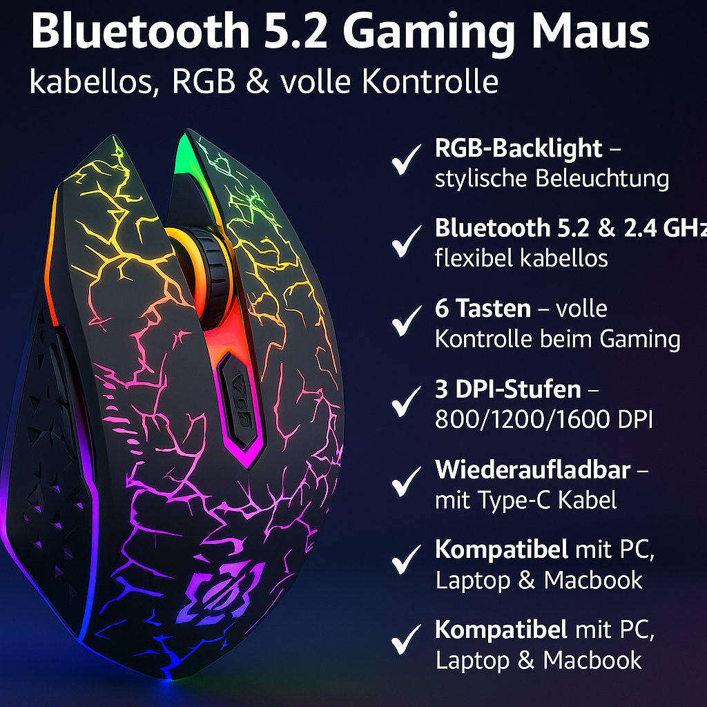 „Bluetooth 5.2 Gaming Maus – RGB, kabellos, 800-1600 DPI“