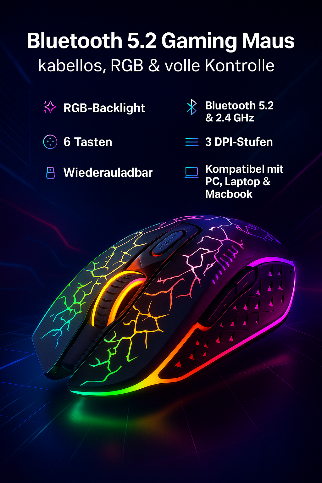 „Bluetooth 5.2 Gaming Maus – RGB, kabellos, 800-1600 DPI“