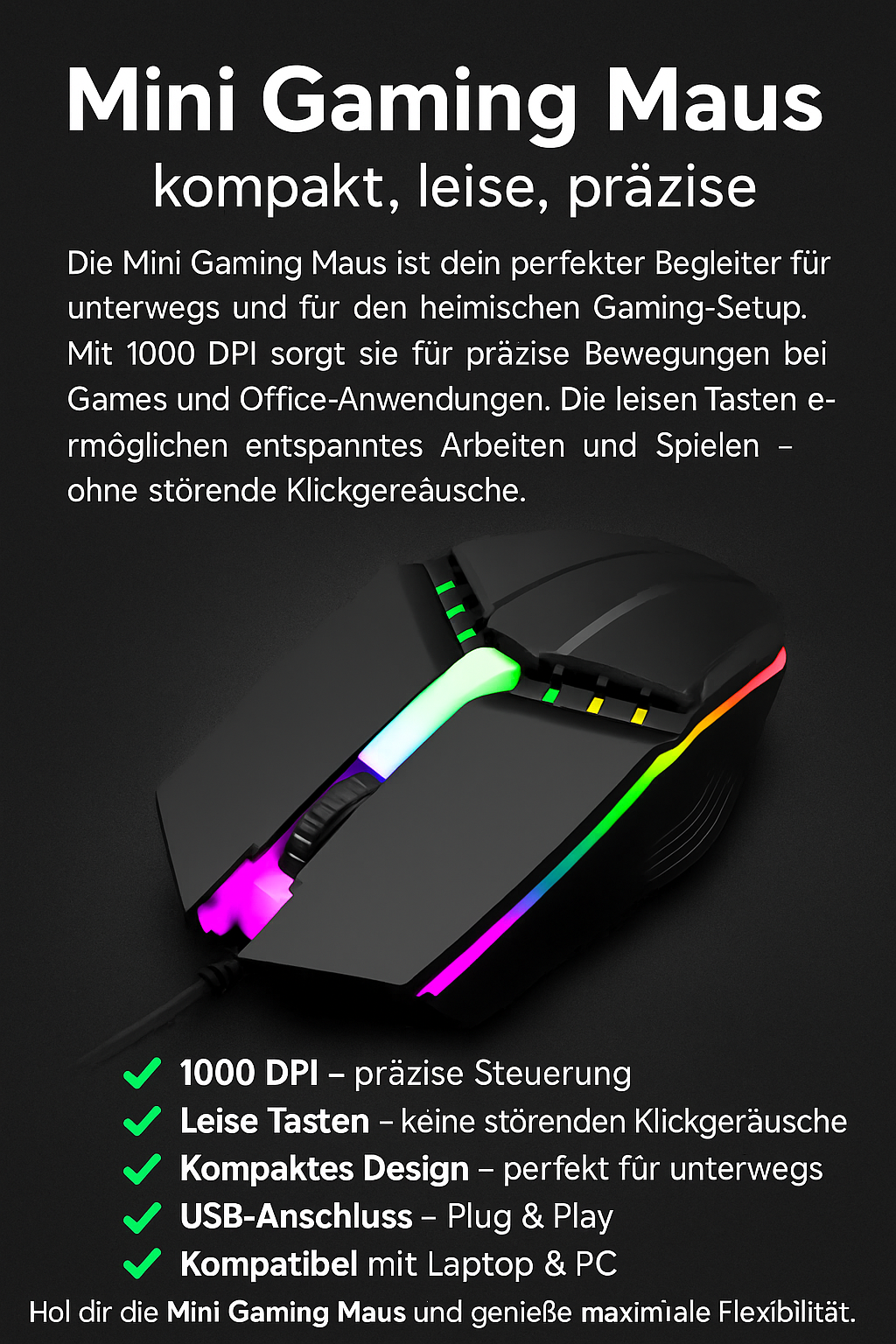 „Wired Mini Gaming Mouse – 1000 DPI, leise Tasten“