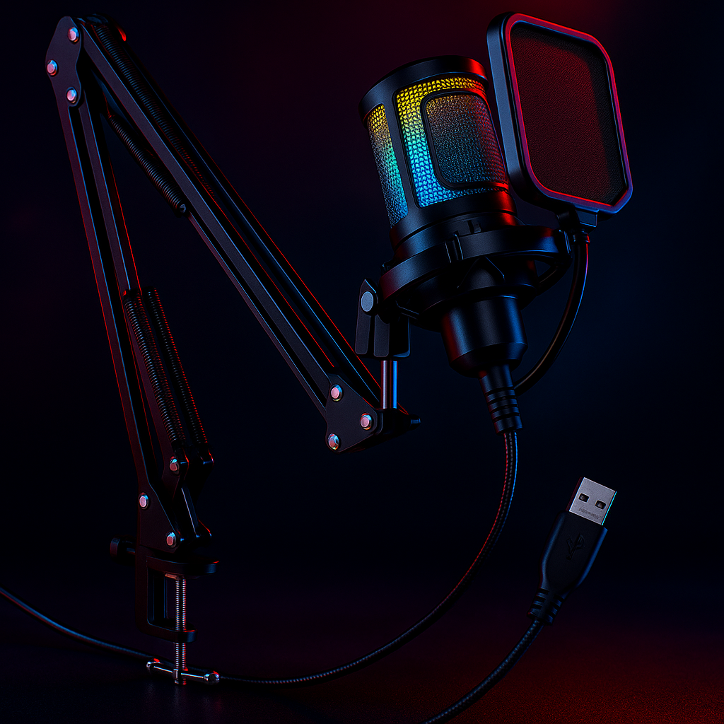 „AmpliGame Q6T RGB USB Mikrofon – Streaming, Noise Cancelling, Boom Arm“