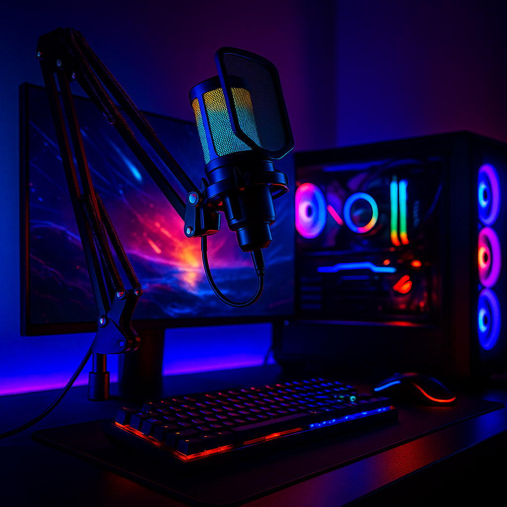 „AmpliGame Q6T RGB USB Mikrofon – Streaming, Noise Cancelling, Boom Arm“