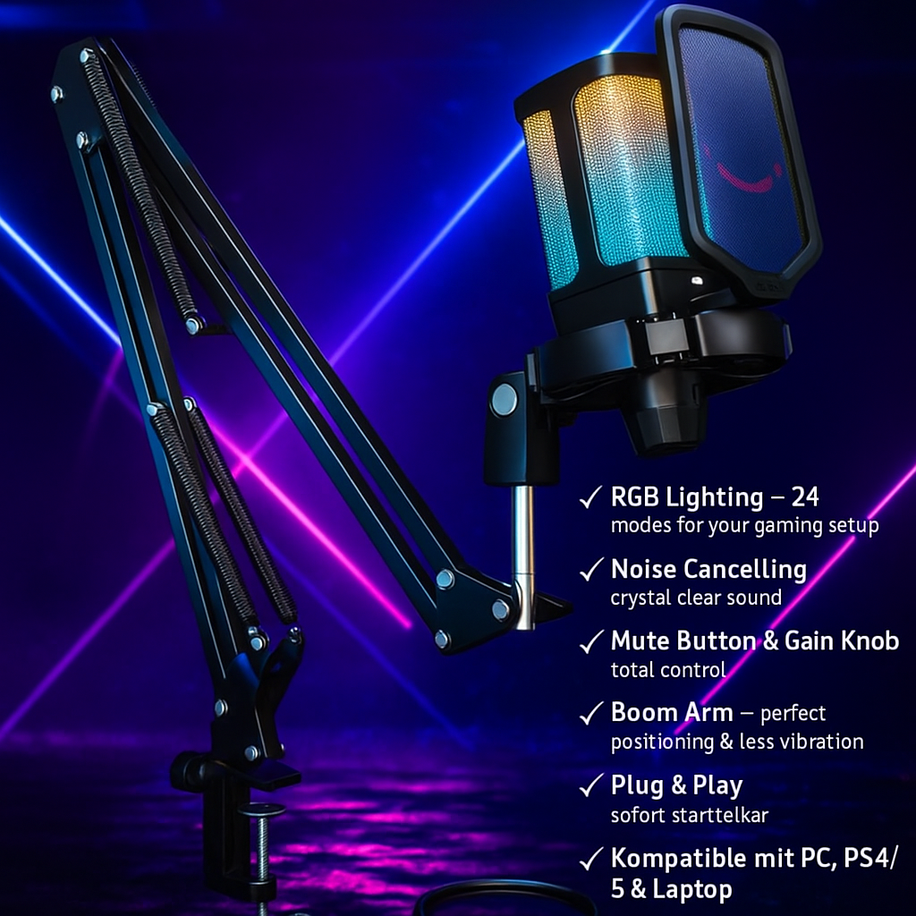 „AmpliGame Q6T RGB USB Mikrofon – Streaming, Noise Cancelling, Boom Arm“