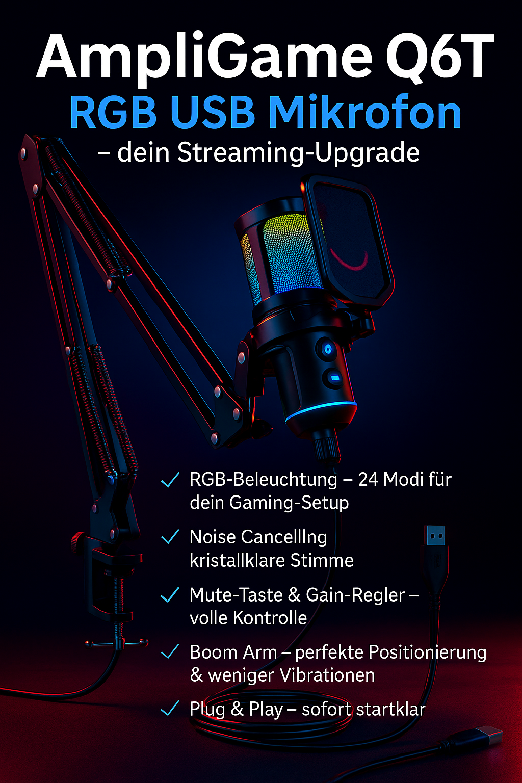 „AmpliGame Q6T RGB USB Mikrofon – Streaming, Noise Cancelling, Boom Arm“