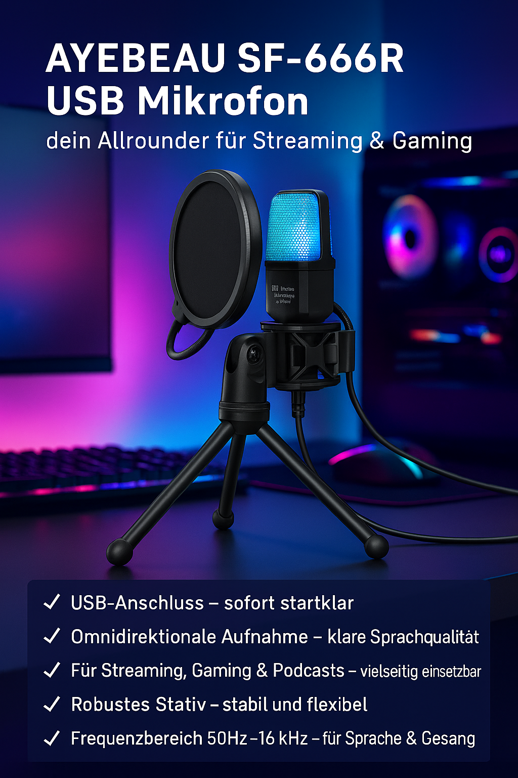 „AYEBEAU SF-666R Mikrofon – USB, Streaming, Gaming“