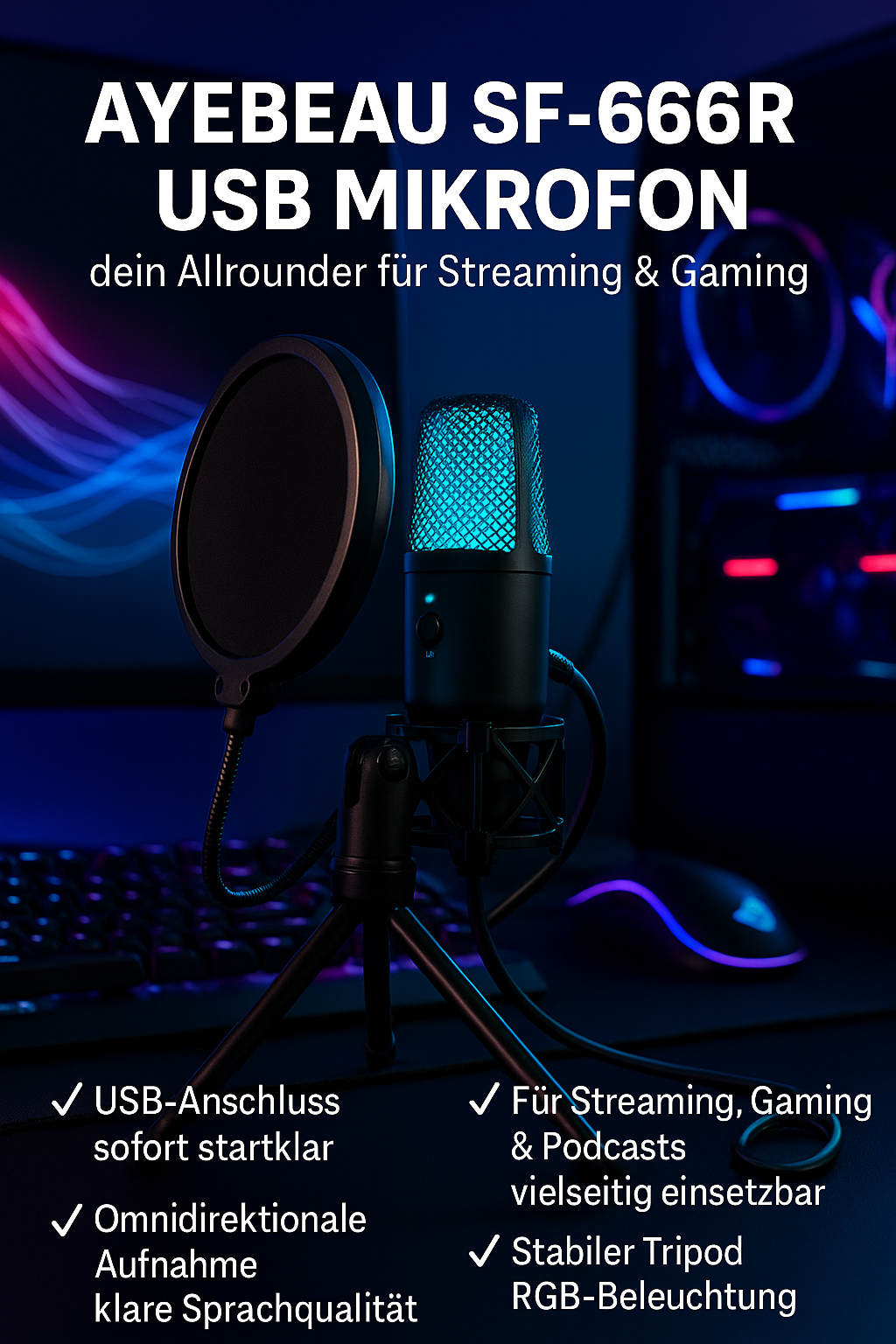 „AYEBEAU SF-666R Mikrofon – USB, Streaming, Gaming“