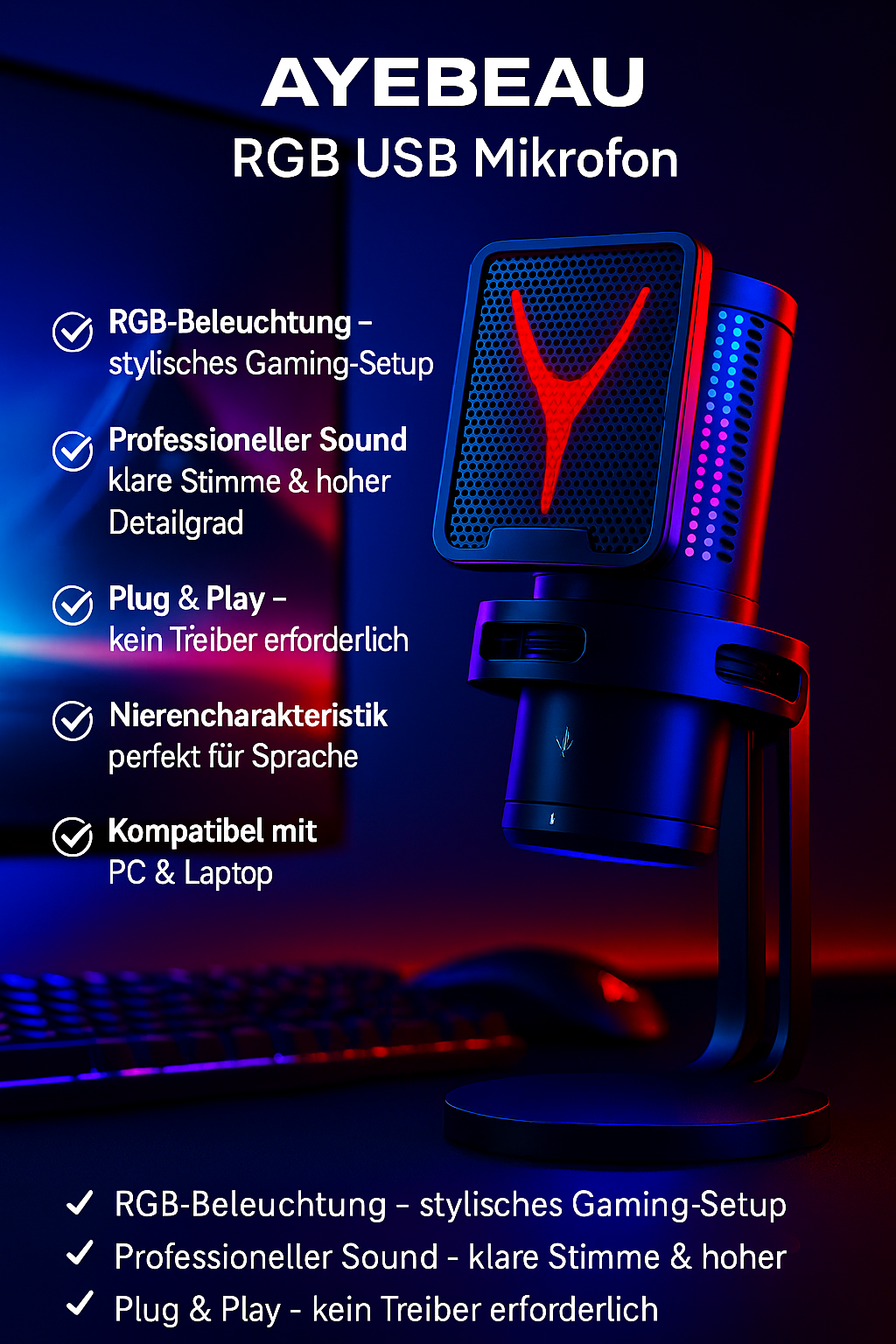 „AYEBEAU RGB Kondensator Mikrofon – USB, Studio & Gaming“