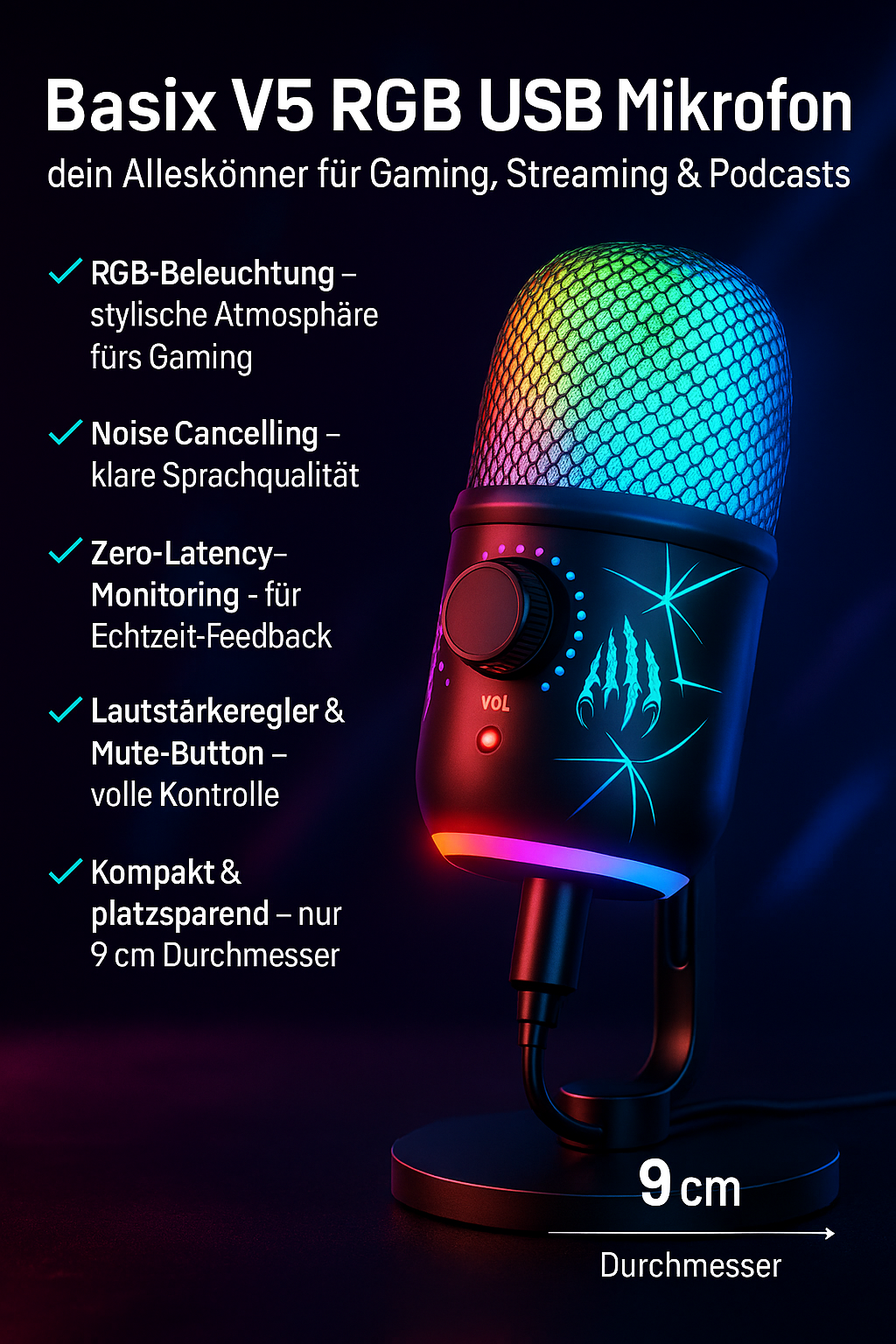 „Basix V5 RGB USB Mikrofon – Noise Cancelling, Monitoring, Gaming“