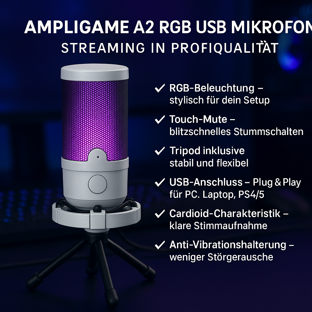 „AmpliGame A2 RGB Mikrofon – USB, Touch-Mute, Streaming“