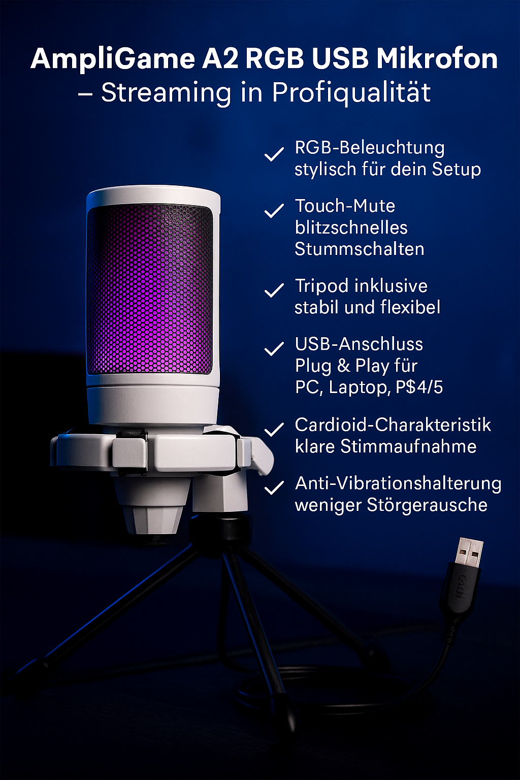 „AmpliGame A2 RGB Mikrofon – USB, Touch-Mute, Streaming“