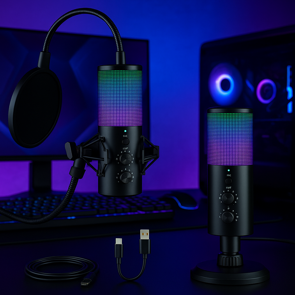 „ideaway RGB USB Mikrofon – Noise Cancelling, Gain Control, Boom Arm“