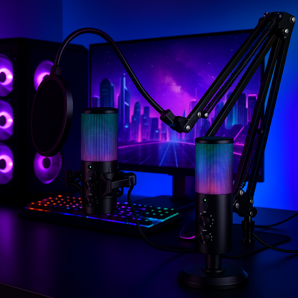 „ideaway RGB USB Mikrofon – Noise Cancelling, Gain Control, Boom Arm“