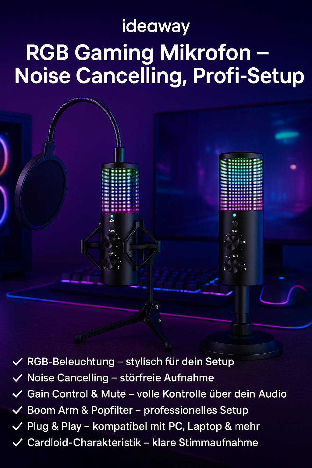 „ideaway RGB USB Mikrofon – Noise Cancelling, Gain Control, Boom Arm“