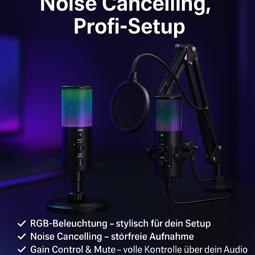 „ideaway RGB USB Mikrofon – Noise Cancelling, Gain Control, Boom Arm“