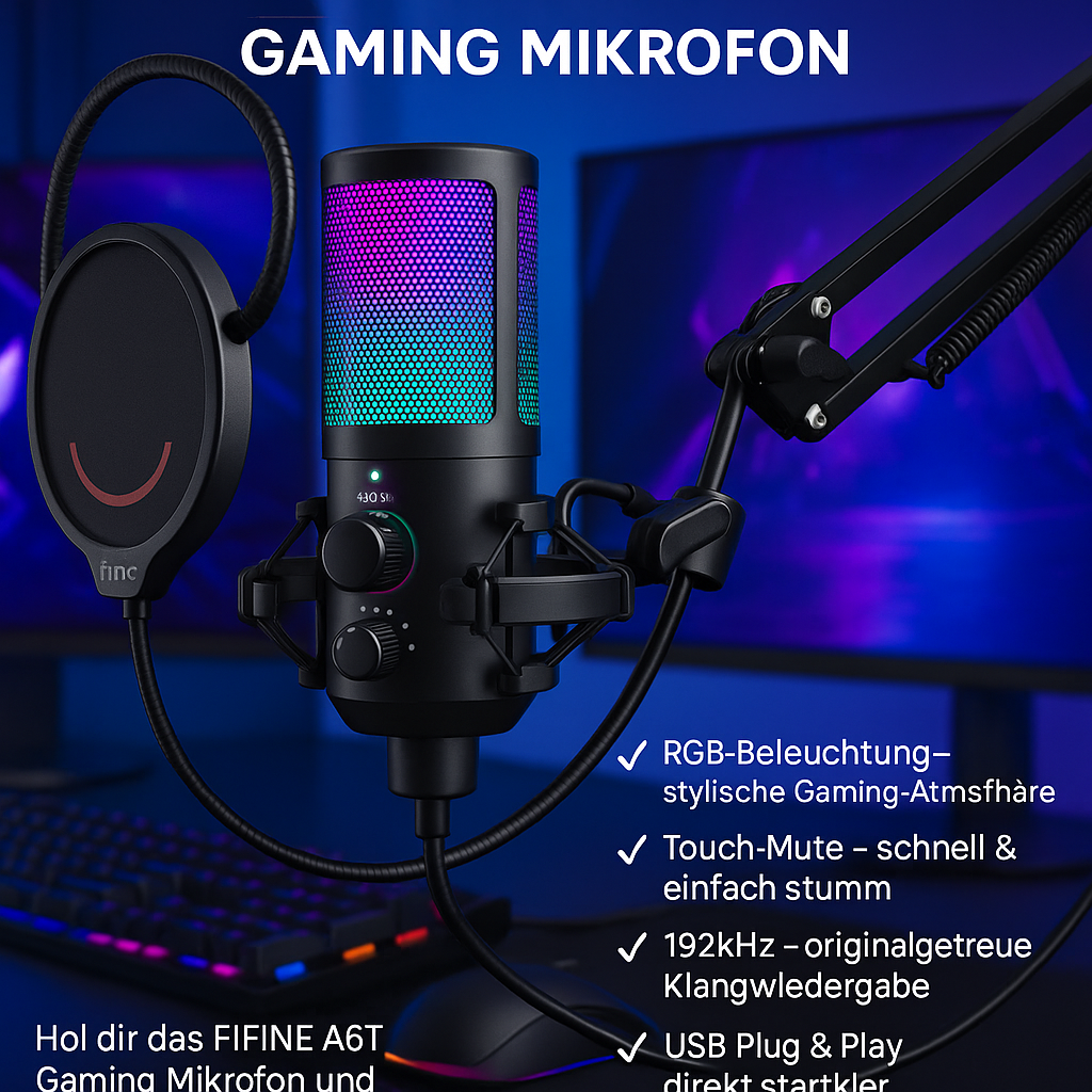 „FIFINE A6T Gaming Mikrofon – USB, RGB, Arm Stand, Mute-Touch“