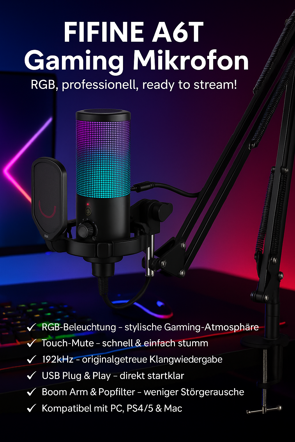 „FIFINE A6T Gaming Mikrofon – USB, RGB, Arm Stand, Mute-Touch“