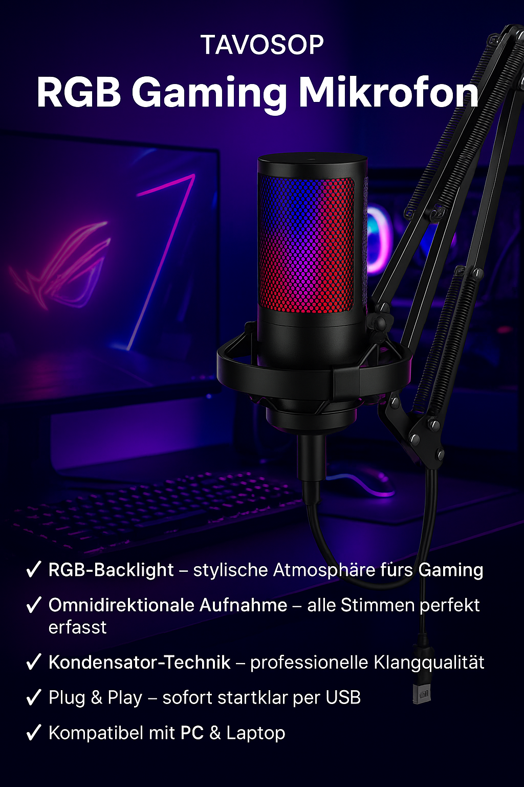 „TAVOSOP RGB Gaming Mikrofon – USB, Kondensator, Streaming“