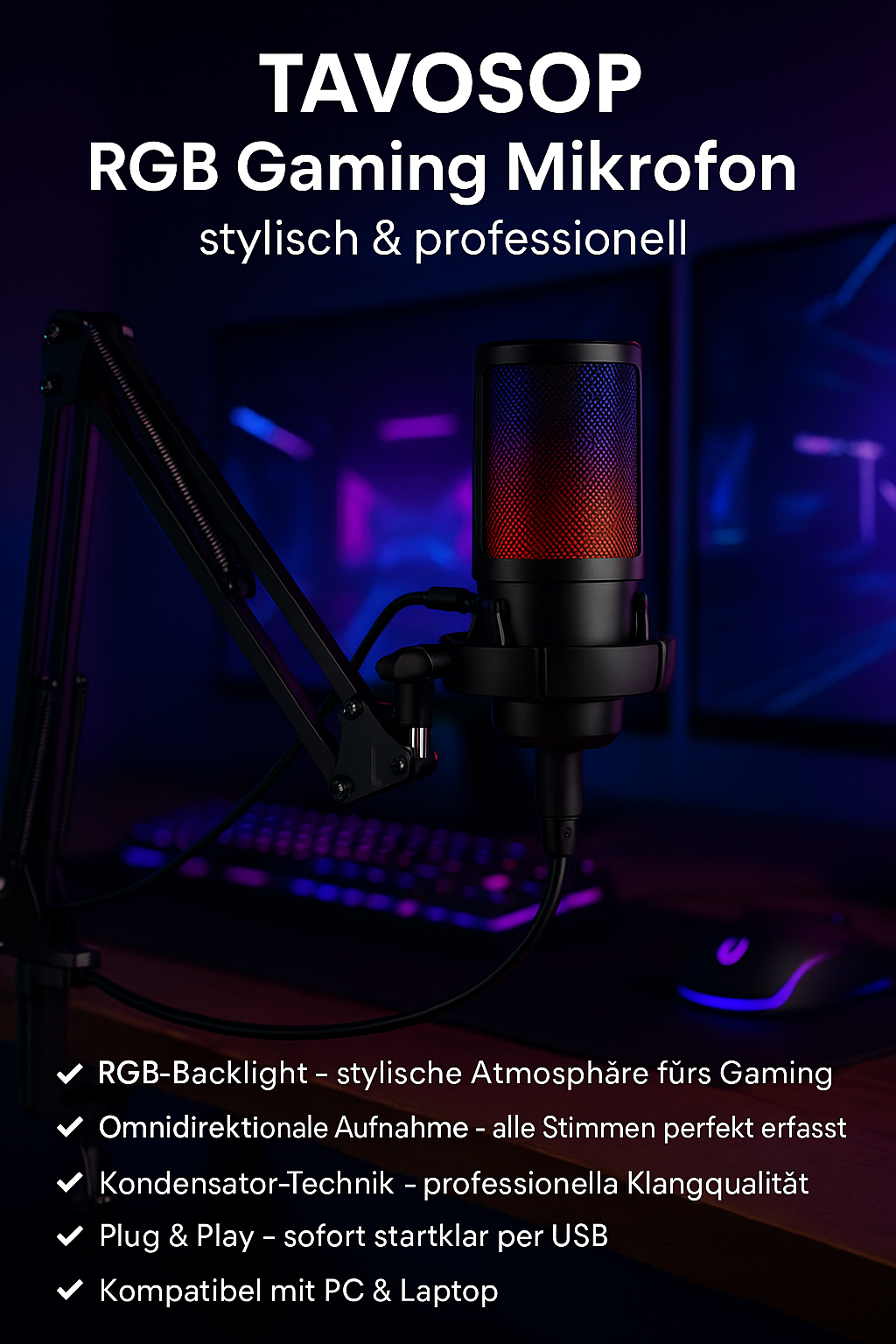 „TAVOSOP RGB Gaming Mikrofon – USB, Kondensator, Streaming“