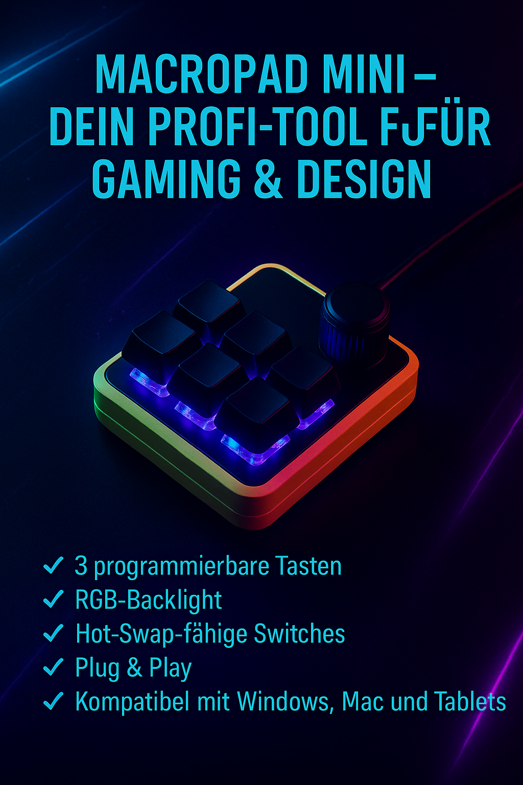 „MacroPad Mini – 3 Tasten, RGB, programmierbar, Hot-Swap“