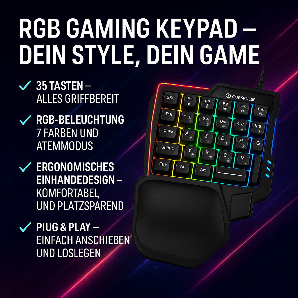 „Gaming Keypad RGB – 35 Tasten, ergonomisch, einhändig“