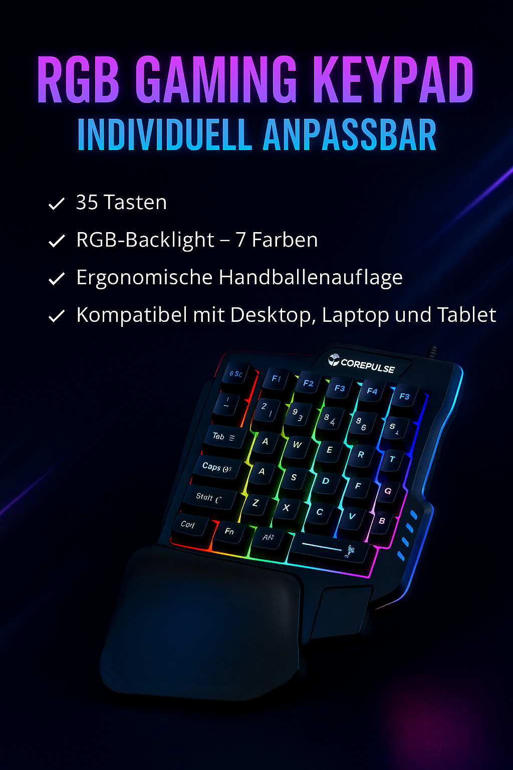 „Gaming Keypad RGB – 35 Tasten, ergonomisch, einhändig“