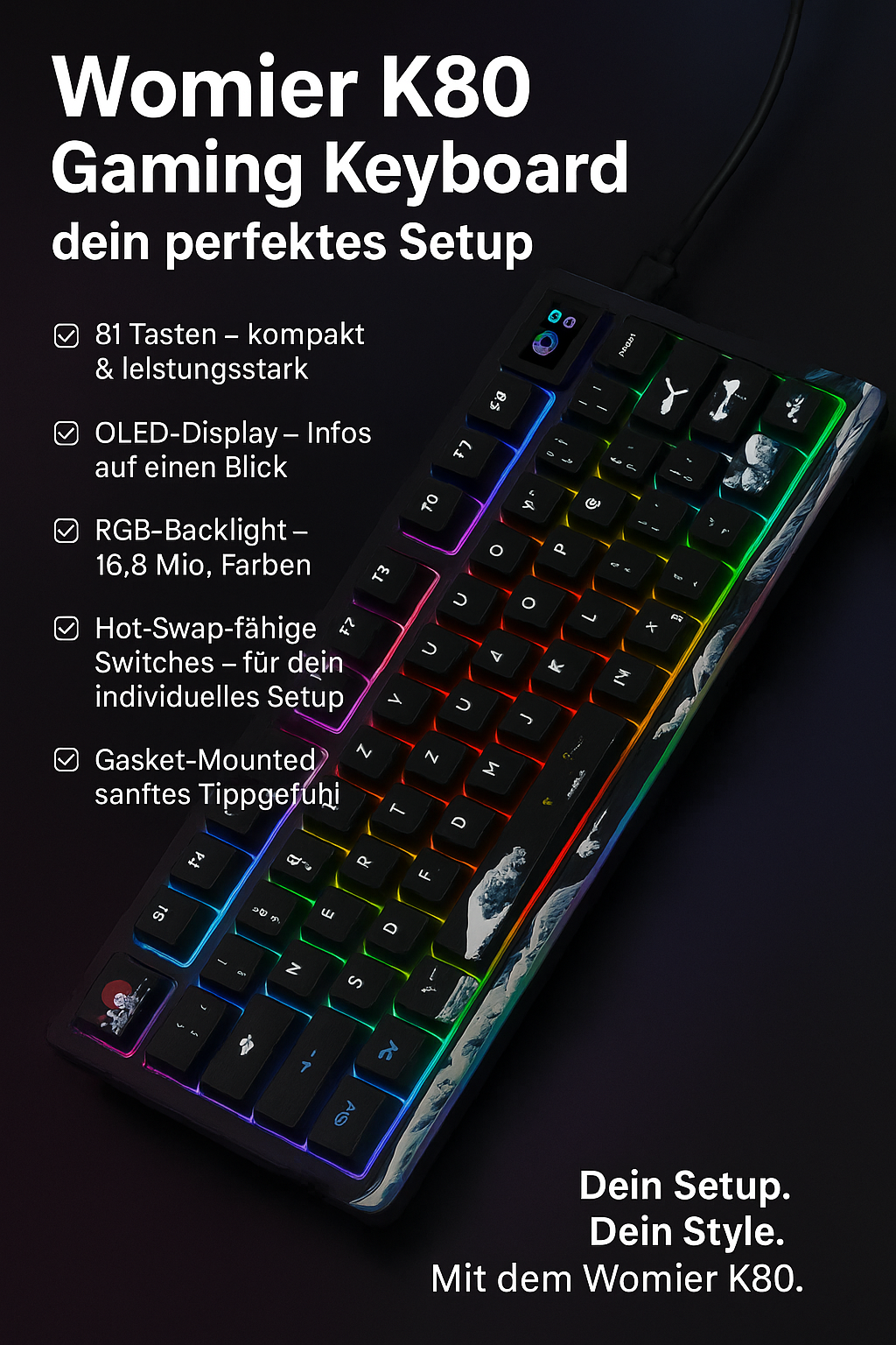 „Womier K80 Gaming Keyboard – Hot-Swap, OLED, RGB, 81 Keys“