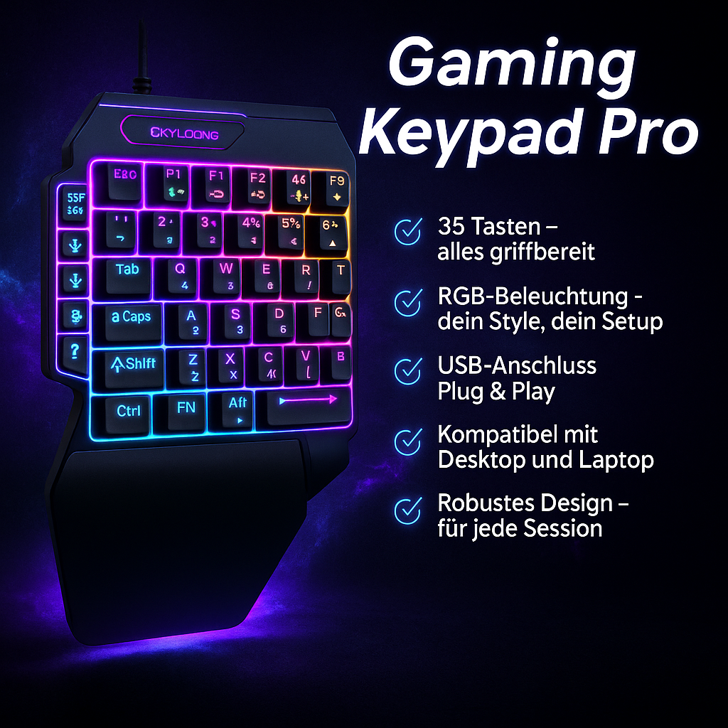 „Gaming Keypad Pro – 35 Tasten, Einhand-Design, RGB, USB