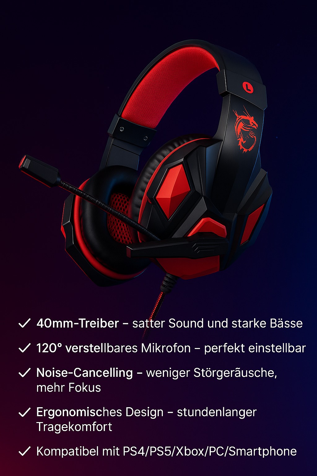 „Gaming Headset Pro – PS4/PS5/Xbox/PC, 120° verstellbar, Noise Cancelling“